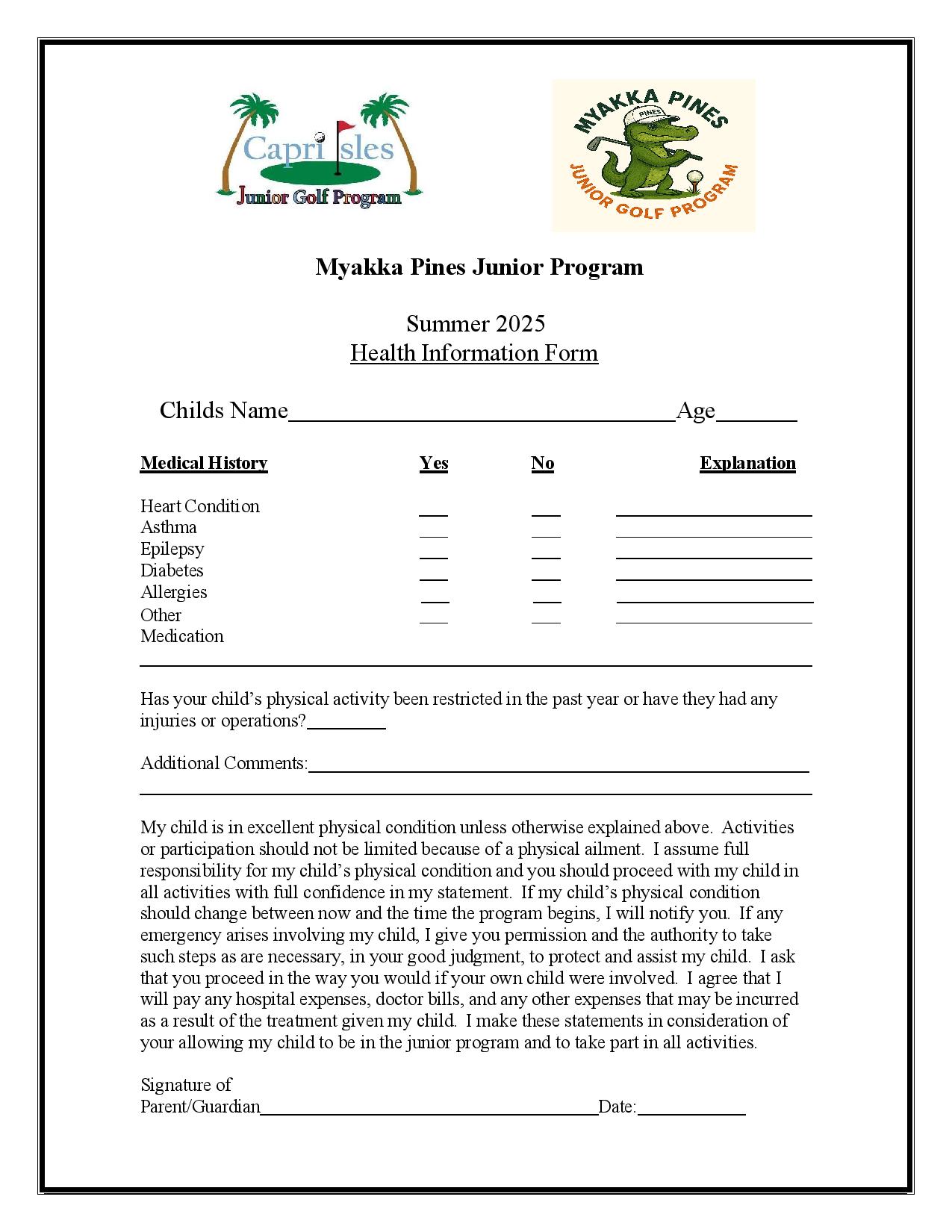 Myakka Pines Junior Program Page 3 Health Form